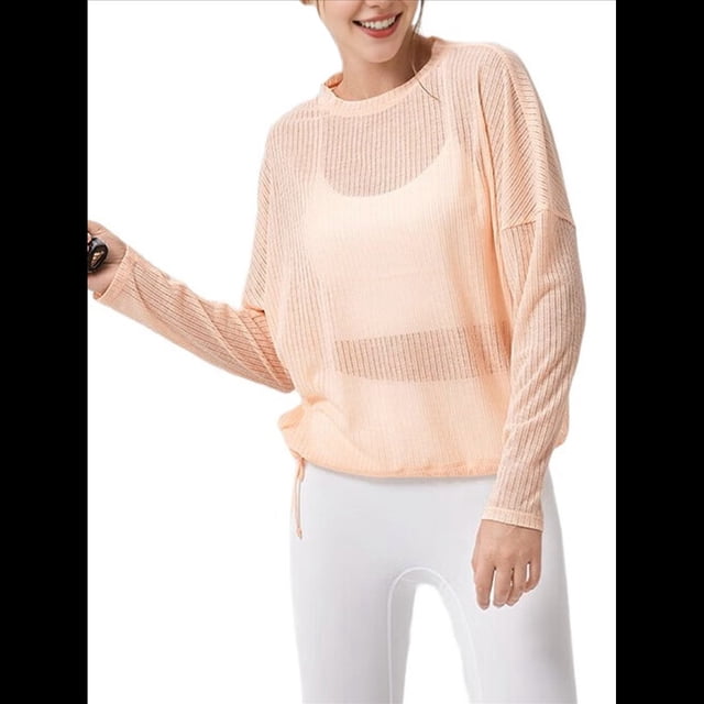 Blusa de Entrenamiento Holgada de Larga con Transparente para Mujer, Cuello Redondo y Mangas Largas Naranja Rosa M