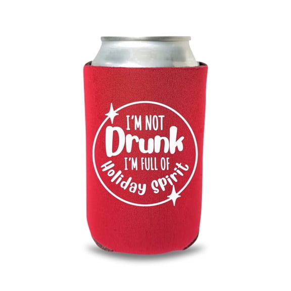 Christmas Can Cooler, I'm Not Drunk I'm Full Of Holiday Spirit Design, Red Beverage Sleeve for 12 oz Cans, Holiday Themed Drink Holder