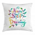 thumbnail image 1 of Dream Throw Pillow Cushion Cover, Never Stop Dreaming Illustration Inspirational Phrase with Floral Branches and Heart, Decorative Square Accent Pillow Case, 16" X 16", Multicolor, by Ambesonne, 1 of 2