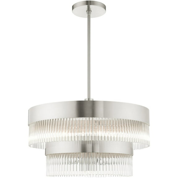 6 Light Brushed Nickel Chandelier with Brushed Nickel Drum with Clear Crystal Rods Shade