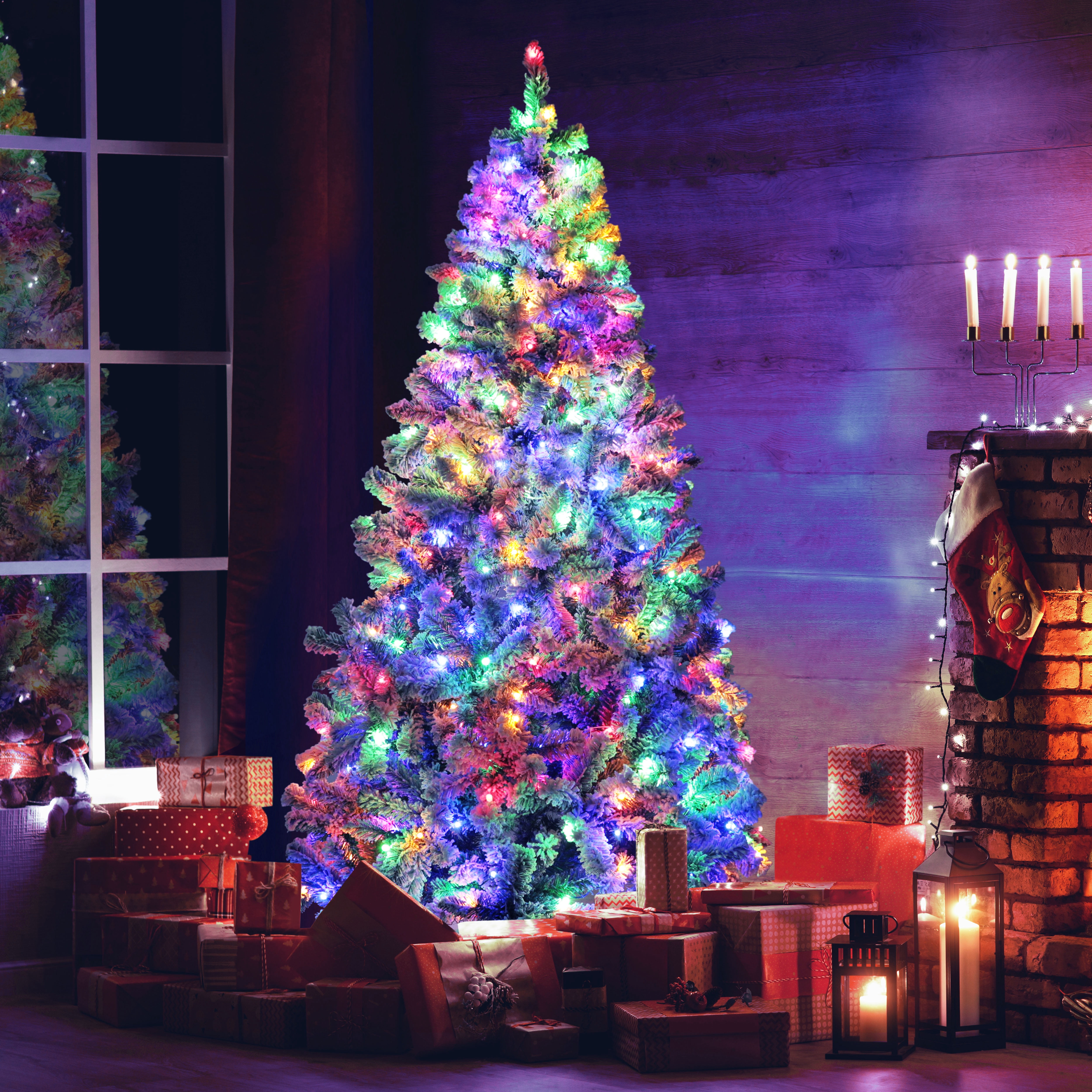 VEIKOUS 6.5ft Pre-Lit Christmas Tree Flocked Pine Tree W/ 350 Multi-Color Changing LED Lights for Holiday, Green