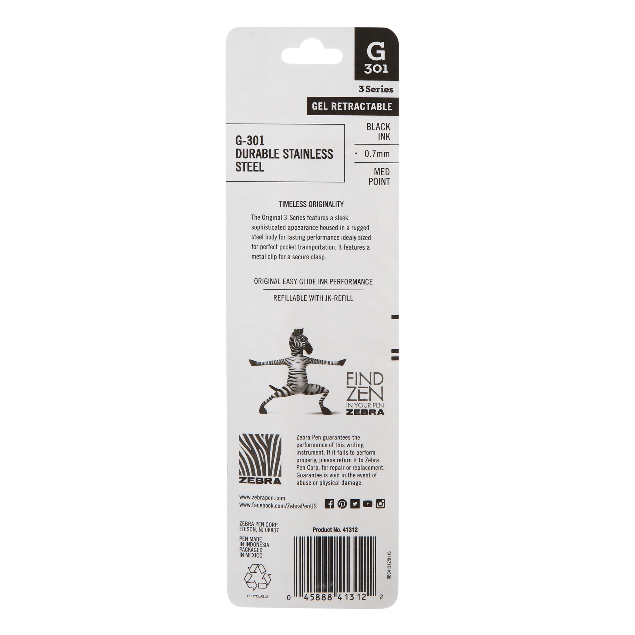 Zebra Pen G-301 Stainless Steel Retractable Gel Pen, 0.7mm Zebra Pen G-301 Stainless Steel Retractable Gel Pen, 0.7mm
