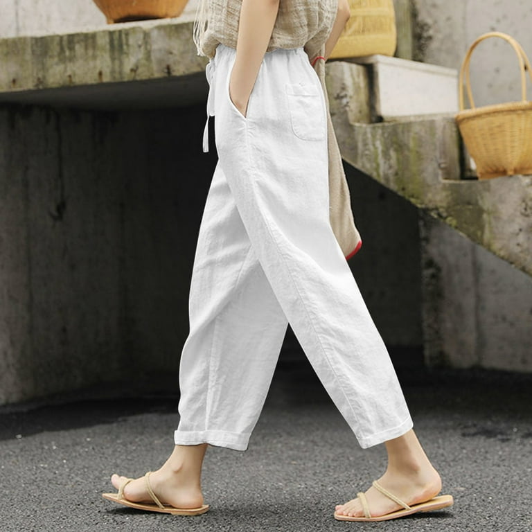 Little above ankle length wide leg white linen pants for summer J092 Little above ankle length wide leg white linen pants for summer J092