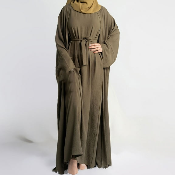Pxiakgy muslim dresses for women Women's Muslim Abaya Long Sleeve Arab Dubai Abaya Modern Middle Prayer Band Eid Headscarf And Long Dress womens dresses Army Green L
