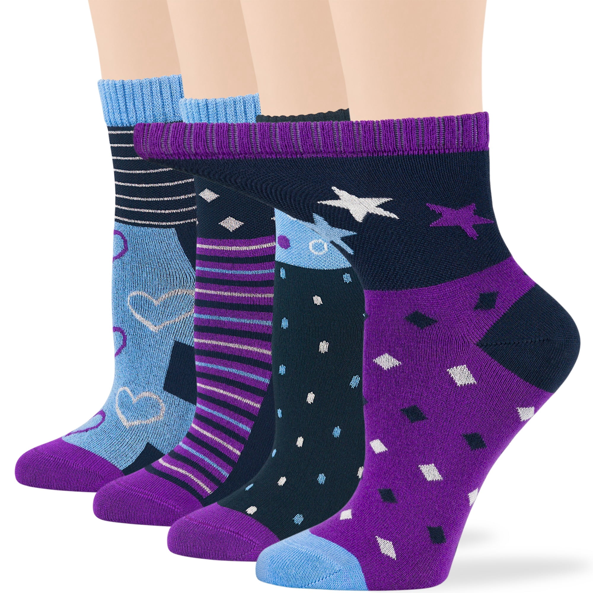 7BIGSTARS KINGDOM Women's Bamboo Diabetic Quarter Fashion Socks - 4 Pack Large- Extra Wide, Seamless - Star, Heart, Dot, Stripe - Sock Size 10-12 Shoe Size 8-12 L Purple, Dark Navy, Denim Blue