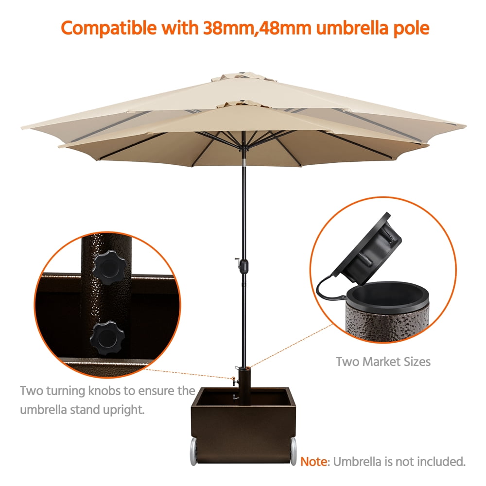 Yaheetech Portable Metal Umbrella Base Stand with Fillable Planter, Drainage, Wheels for Patio Garden Backyard, Brown