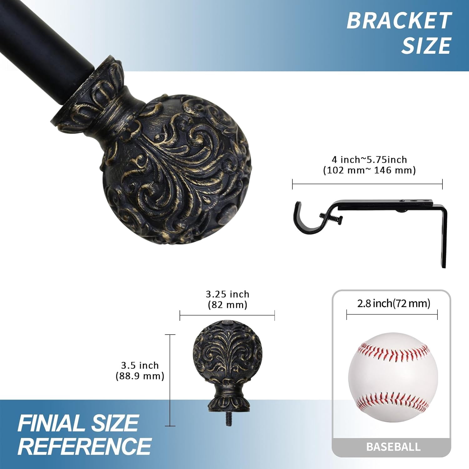 Urbanest Adjustable Single Curtain Rod Set Burnt Gold Scroll Ball Finials – 1 - Inch Diameter, With Black Rod, 84–120 Inches