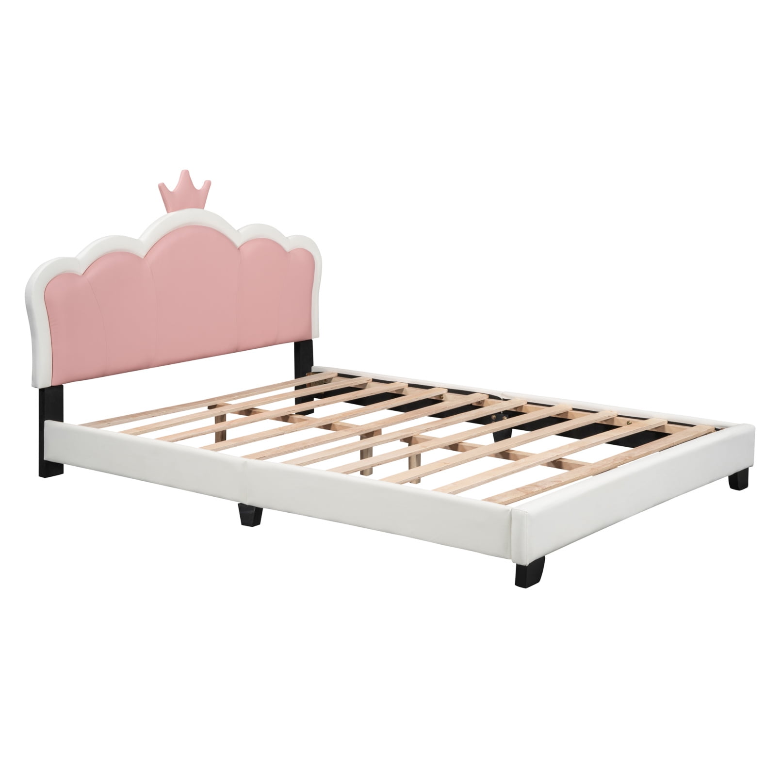 Full Size Upholstered Princess Bed, Platform Bed with Crown Headboard and Footboard, Pink Bed Frame for Girls, White