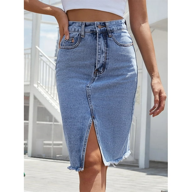 Women s Front Slit Blue Denim Skirt Pockets High Waist Slim Zipper Fly Midi Skirts Female Casual Streetwear