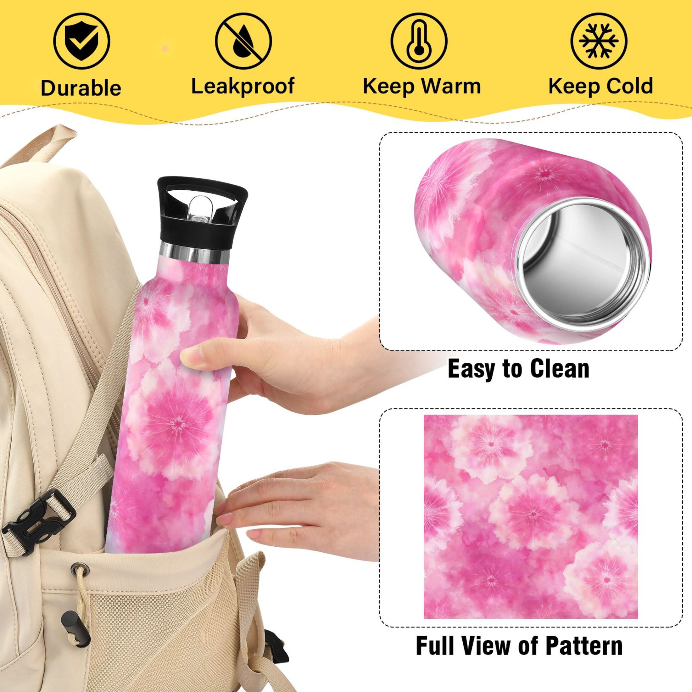 600ML Stainless Steel Insulated Cup Sports Water Bottle Portable Thermos Cup Water Glasses Insulated Tumblers Convenient and Durable Pink Pattern Beautiful
