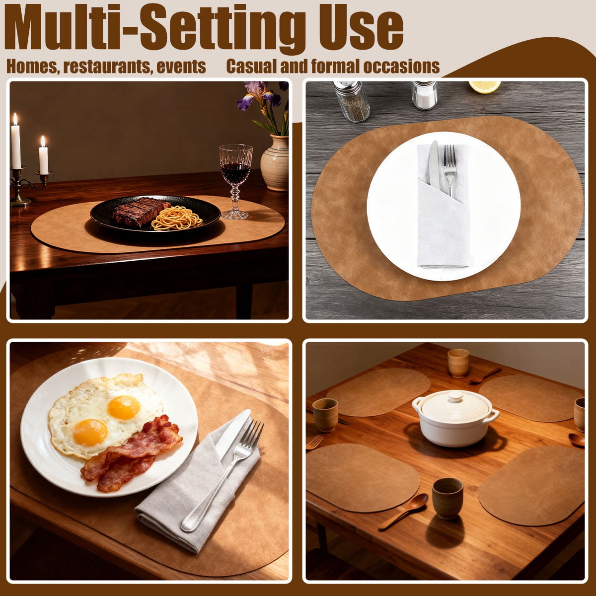 Waterproof Table Mats,Heat Resistant Oval Placemats Set of 8 Washable 12 x 17 inch,Wipeable Place Mats for Kitchen,Dining Room,Light Brown
