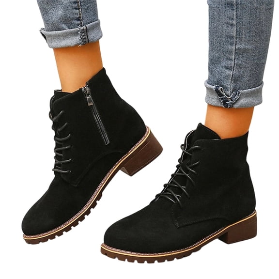 Willtoo Womens Ankle Boots Round Toe Lace‑Up Combat Booties with Side Zipper Low Block Heel Casual Short Boots for Daily Wear