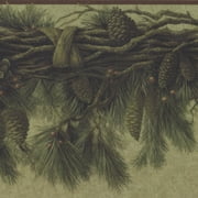 Dundee Deco's Peel and Stick Wallpaper Border - Nature Brown Green Hanging Pine cones Wall Border Retro Design, 15 ft x 7 in, Self Adhesive