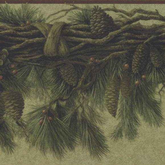 Dundee Deco's Peel and Stick Wallpaper Border - Nature Brown Green Hanging Pine cones Wall Border Retro Design, 15 ft x 7 in (4.57m x 17.78cm), Self Adhesive