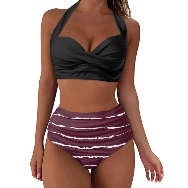 Gibobby Conjunto de Bikini Bikini de cintura alta para mujer, bañador Sexy de realce de dos piezas, traje de baño Vintage de dos piezas, conjunto de Biki(Vino,G)