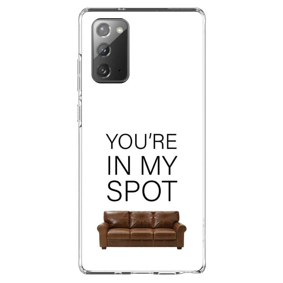 DistinctInk Clear Shockproof Hybrid Case for Galaxy Note 20 ULTRA (6.9" Screen) - TPU Bumper, Acrylic Back, Tempered Glass Screen Protector - Brown Couch "You're in My Spot"