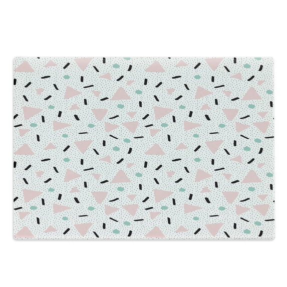 Retro Cutting Board, Large Triangles and Circles Polka Dots Lines Fun Pattern Print, Decorative Tempered Glass Cutting and Serving Board, Large Size, Pale Pink Teal Black, by Ambesonne
