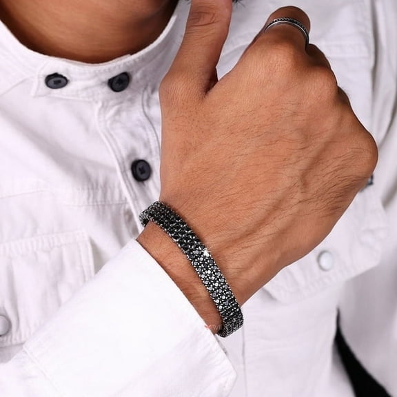 925 Silver Round Cut Black CZ Onyx Bracelet, Three Row Eternity Bracelet, Men's Tennis Bracelet, Gift For Him/Dad, Black Rhodium on Silver Bracelet