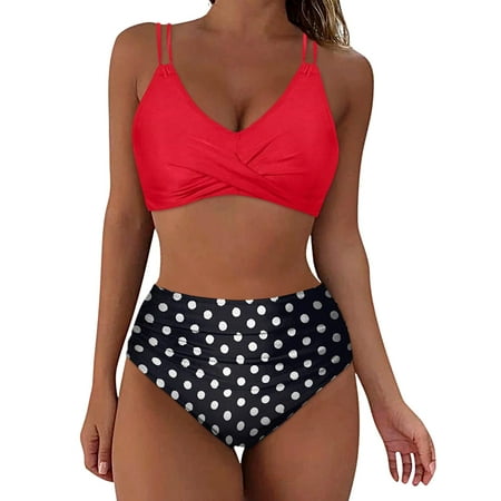 Linfrsh Women High Waisted Bikini Set Two Piece Swimsuits Push up Wrap Swim Suits Top Tummy Control Bathing Suit Red L
