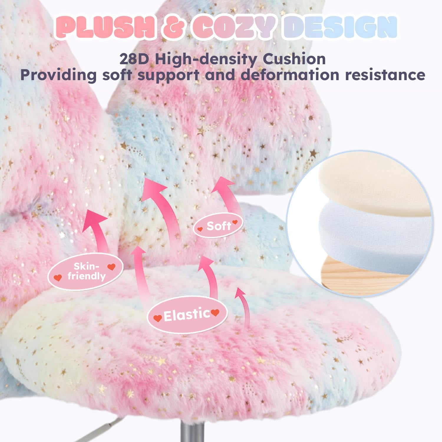 Kids Desk Chair with Butterfly Back,Cute Fluffy Desk Chair with Wheels for Girls,Faux Fur Swivel Vanity Chairs W/Adjustable Seat Height for Children Bedroom & Reading Room, Study/Vanity,Colorful Pink