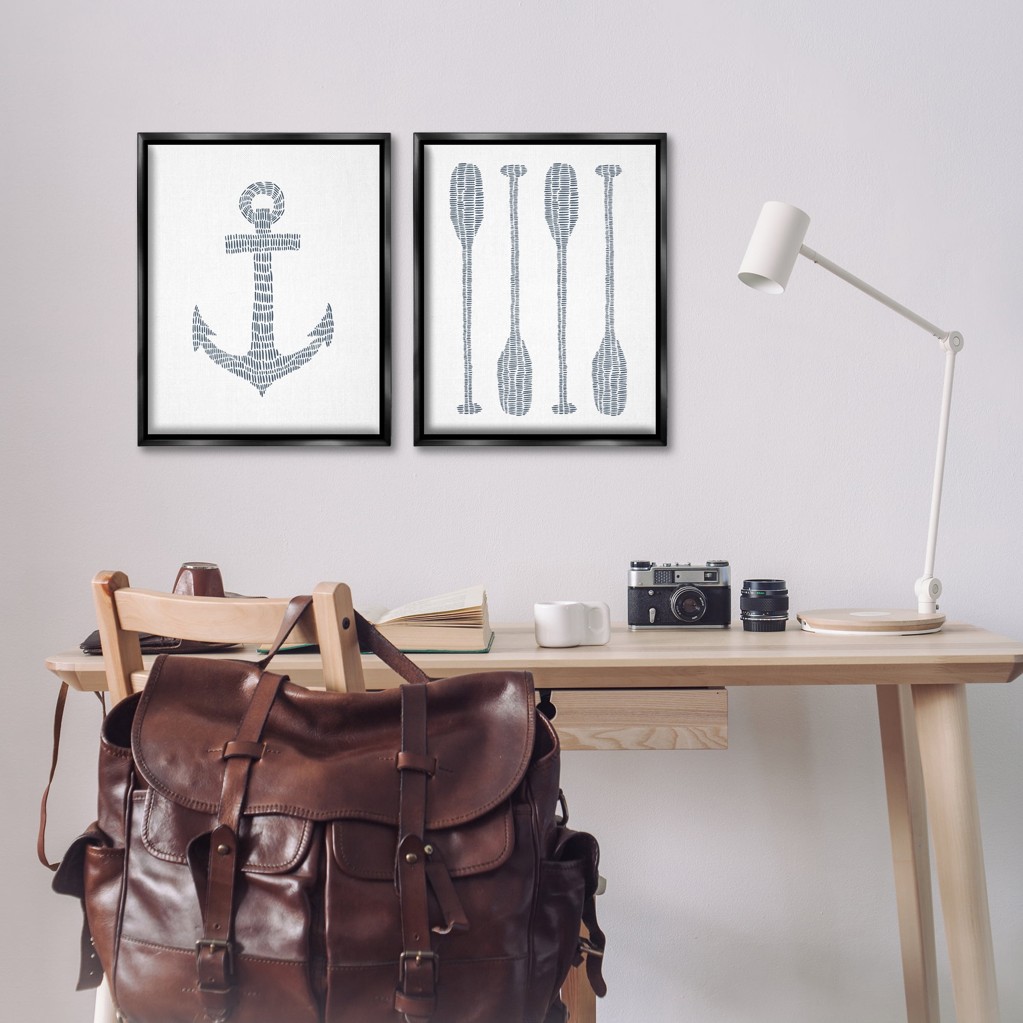 Stupell Industries Simple Lines Nautical Anchor Oars Nautical & Beach Painting Black Floater Framed Canvas Art Print Wall Art, 17 x 21, Set of 2