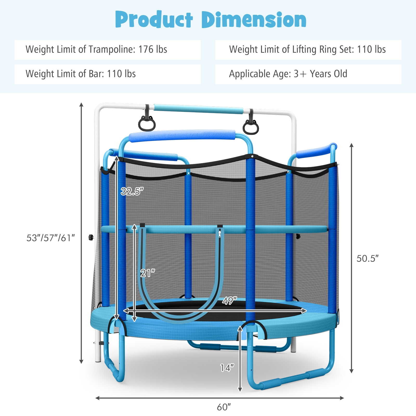 Infans 5FT Kids 3-in-1 Game Trampoline Seamless W/Enclosure Net Spring Pad In/Outdoor