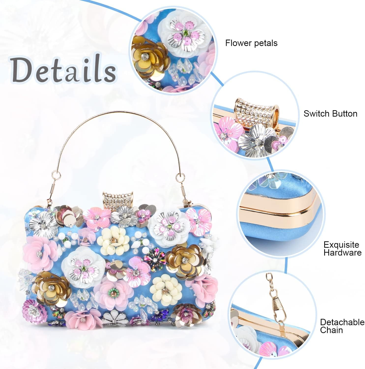 Women Elegance Floral Evening Clutch Purse Bags Flowers Beads Wedding Tote Bags Bride Shoulder Handbags