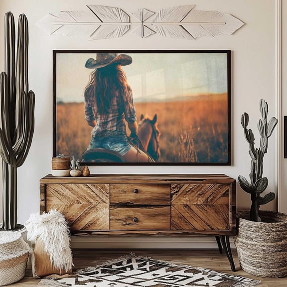 Sunset Cowgirl Horseback Riding Print, Rustic Western Wall Art Home Decor #3145, Unframed Poster Size 8x12
