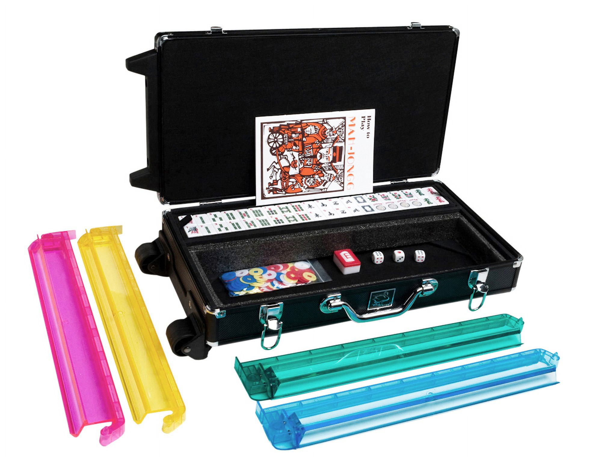 White Swan American Mahjong Set in Wheeled Black Case - White Tiles - Modern Pushers
