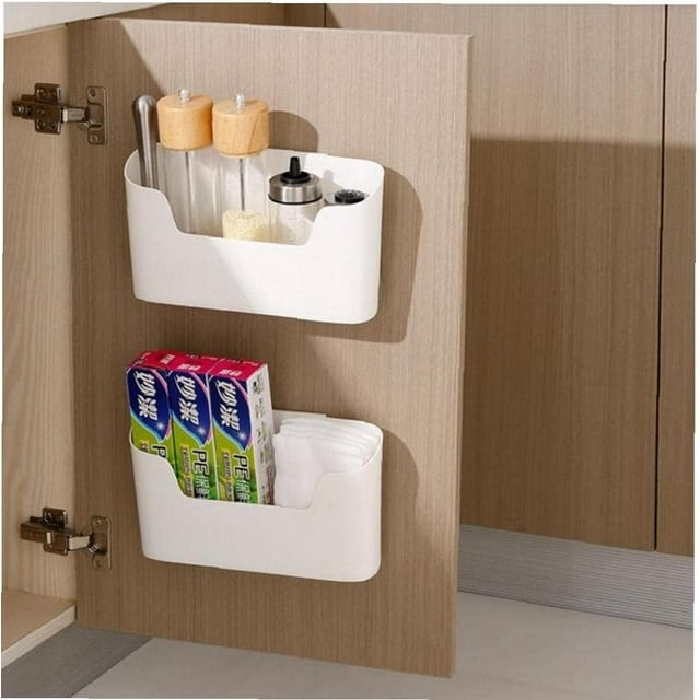 2pcs Kitchen Cabinet Door Storage Box,Adhesive Wall Mounted Storage Box,Cabinet/Bathroom/Refrigerator Organizer Box for Sundries