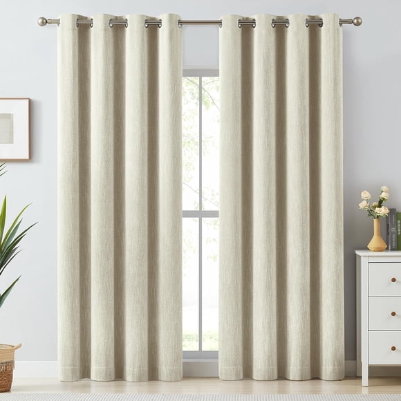 Melodieux Elegant Cotton Room Darkening Curtains for Living Room Bedroom Thermal Insulated Privacy Grommet Window Curtain Panels, 52 by 96 Inch, Natural Beige(1 Panel