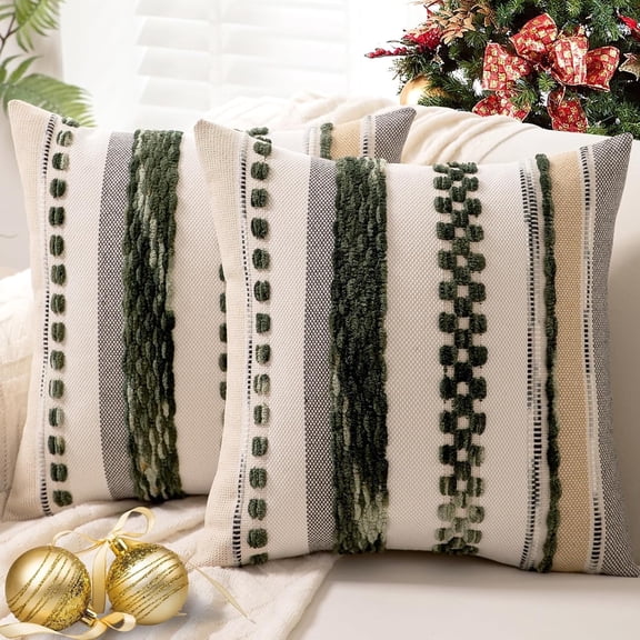 Boho Throw Pillow Covers Set of 2, 18x18 Farmhouse Striped Chenille Cushion Cases for Sofa Couch Bed, Green