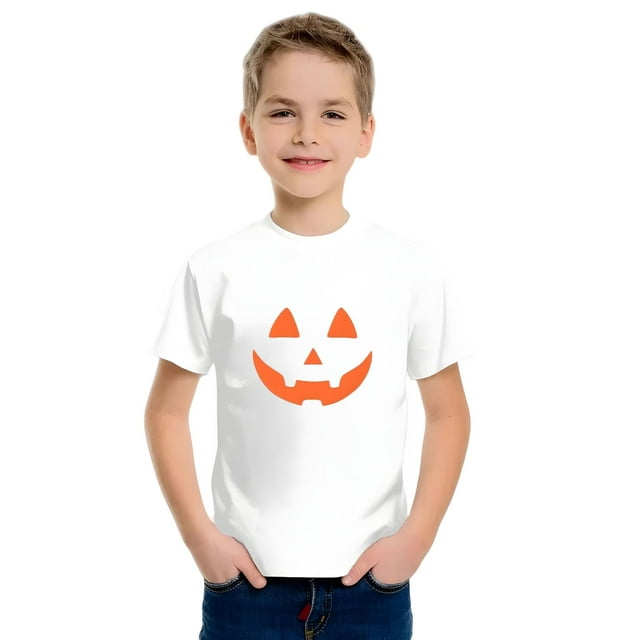 Halloween T-shirt -Boys' Summer Fashion Halloween Pumpkin Face Graphic T-Shirt - Casual Round Neck Short Sleeve Top with Playful Orange Jack-O'-Lantern Design, Halloween Shirts