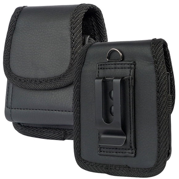 Case for Galaxy Z Flip 6 Phone, Nakedcellphone Black Vegan Leather Vertical Pouch [with Belt Loop, Metal Clip, Magnetic Closure] for Samsung Z Flip 5, Z Flip4, Z Flip3 (2024/2023/2022/2021/2020)