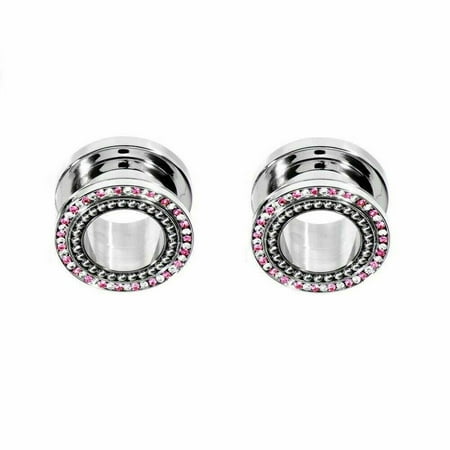 

Ear Tunnels Screw Fit Surgical Steel with Clear and Pink Jewels