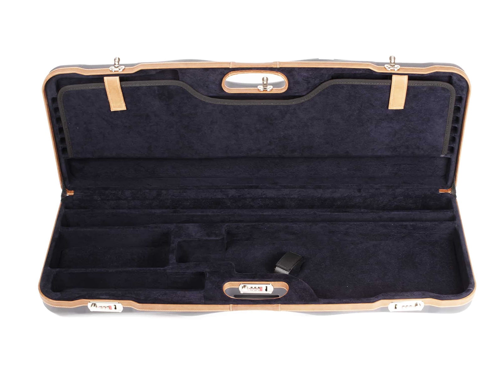Negrini OU Deluxe Skeet Two Barrel Shotgun Case + Tube Set, Navy/Tobacco Leather/Navy Interior