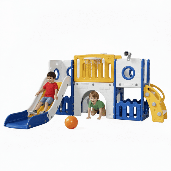 TLSUNNY 9-in-1 Toddler Slide Playset, with Enclosed Steps, Basketball Hoop & Storage, Telescope, Tunnel, Indoor Outdoor Climber