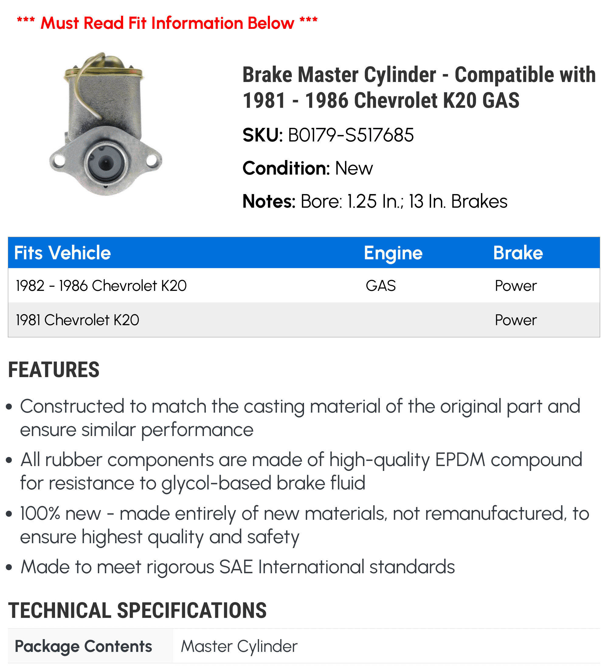 Brake Master Cylinder - Compatible with 1981 - 1986 Chevy K20 GAS 1982 1983 1984 1985
