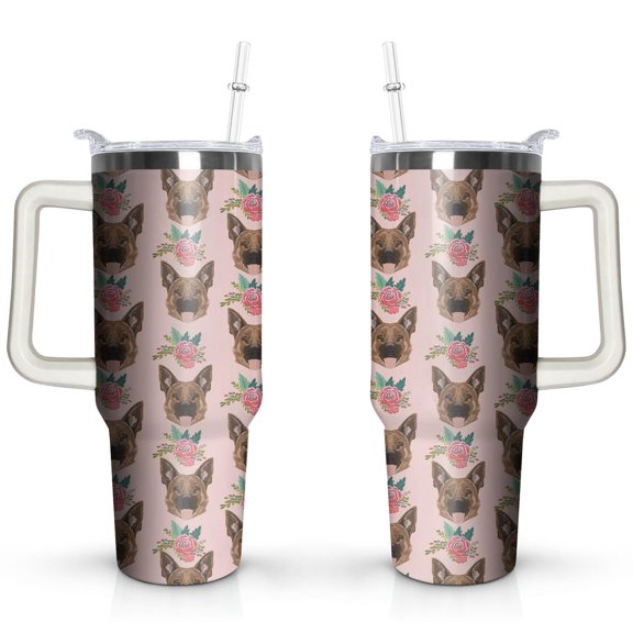German Shepherd Tumbler - Dog Lovers Gifts for Women - Insulated Coffee Tumblers for Hot and Cold Drinks - Handle and Silicone Straws 40 OZ