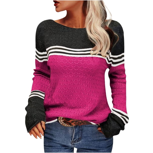 Suéter de cuello redondo para mujer, suéter de rayas de colores a juego, suéter para mujer