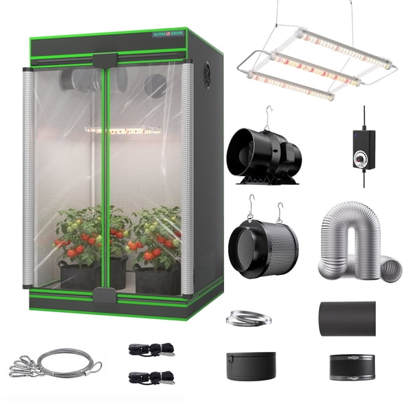 ALPHAGROW Grow Tent Kit, 48 x 48 x 80 in, 600D Canvas, with 33 W LED Grow Light, 6 in Inline Fan, and Carbon Filter