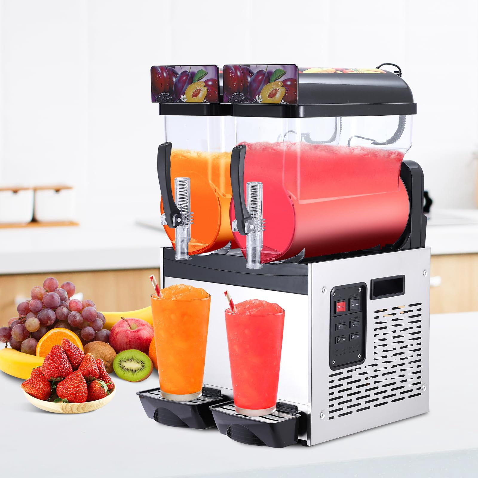 700W Dual Tank Slushie Machine – 15L x 2, Commercial Stainless Steel, Self-Cleaning, High-Speed Frozen Drink Maker for Bar & Home, Black