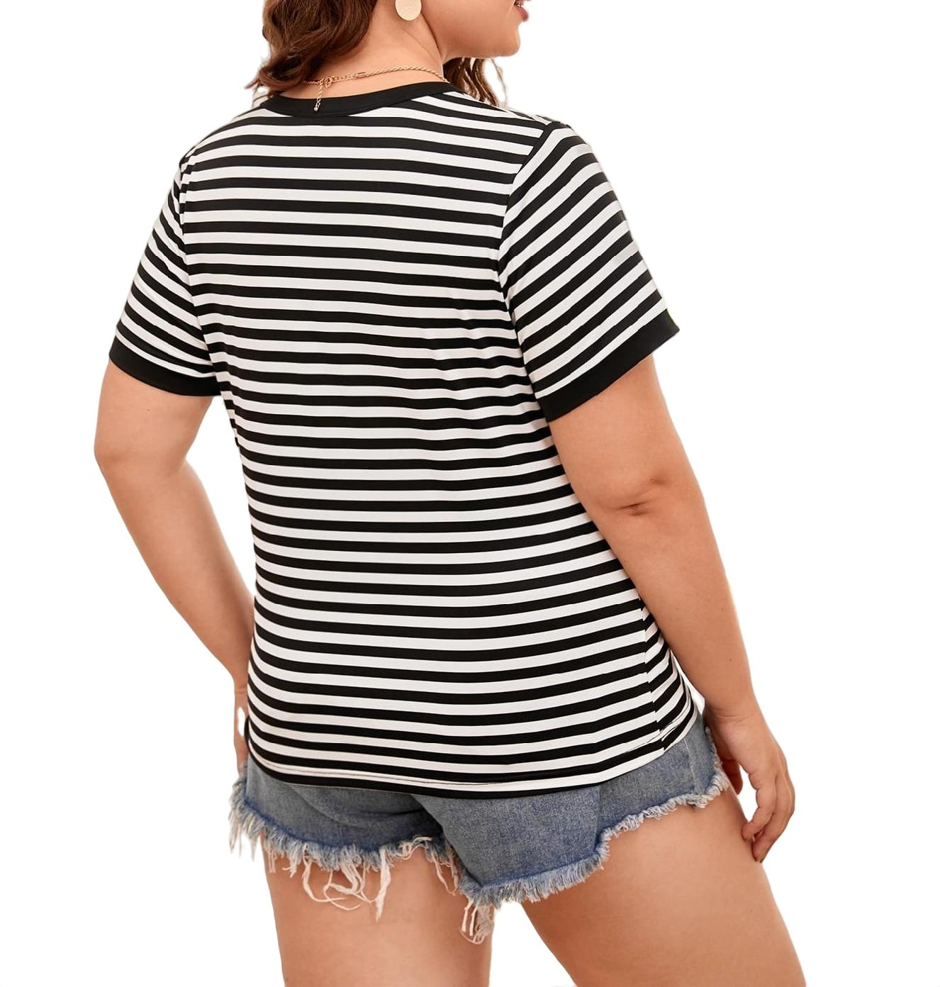 Women's Navy Striped Notched Casual Short Sleeve Plus Size T-shirts -