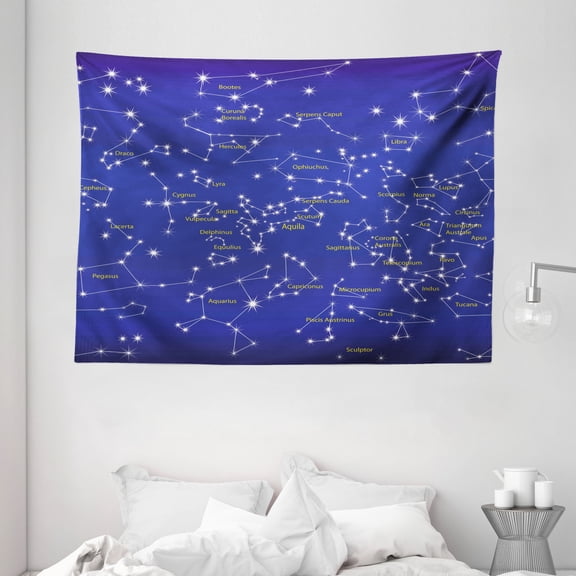 Constellation Tapestry, Astronomy Science Names of Stars Zodiac Signs Night Sky, Wall Hanging for Bedroom Living Room Dorm Decor, 80W X 60L Inches, Violet Blue White Light Yellow, by Ambesonne