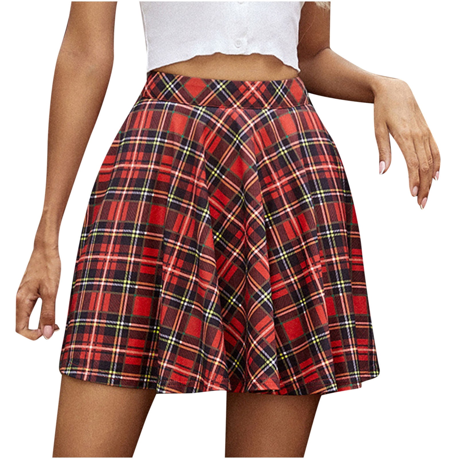 Women's Stretch High Waist Flared Ruffle Chequered Striped A-line Mini Skirt BS 