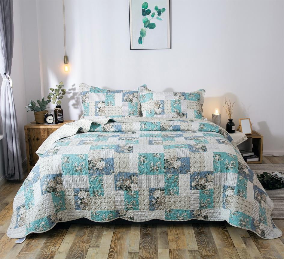 Aqua Green Kasentex Country-Chic Printed Pre-Washed Quilt Set Microfiber Fabric 