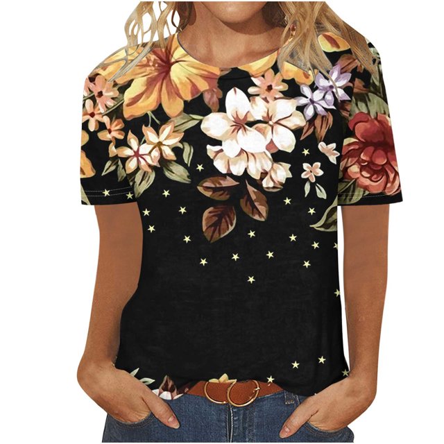 Fankiway Blouse à Manches Courtes Imprimée Mode pour Femmes Col Rond Hauts Décontractés Manches Courtes Hauts pour Femmes Liquidation Chemises pour Femmes Manches Courtes