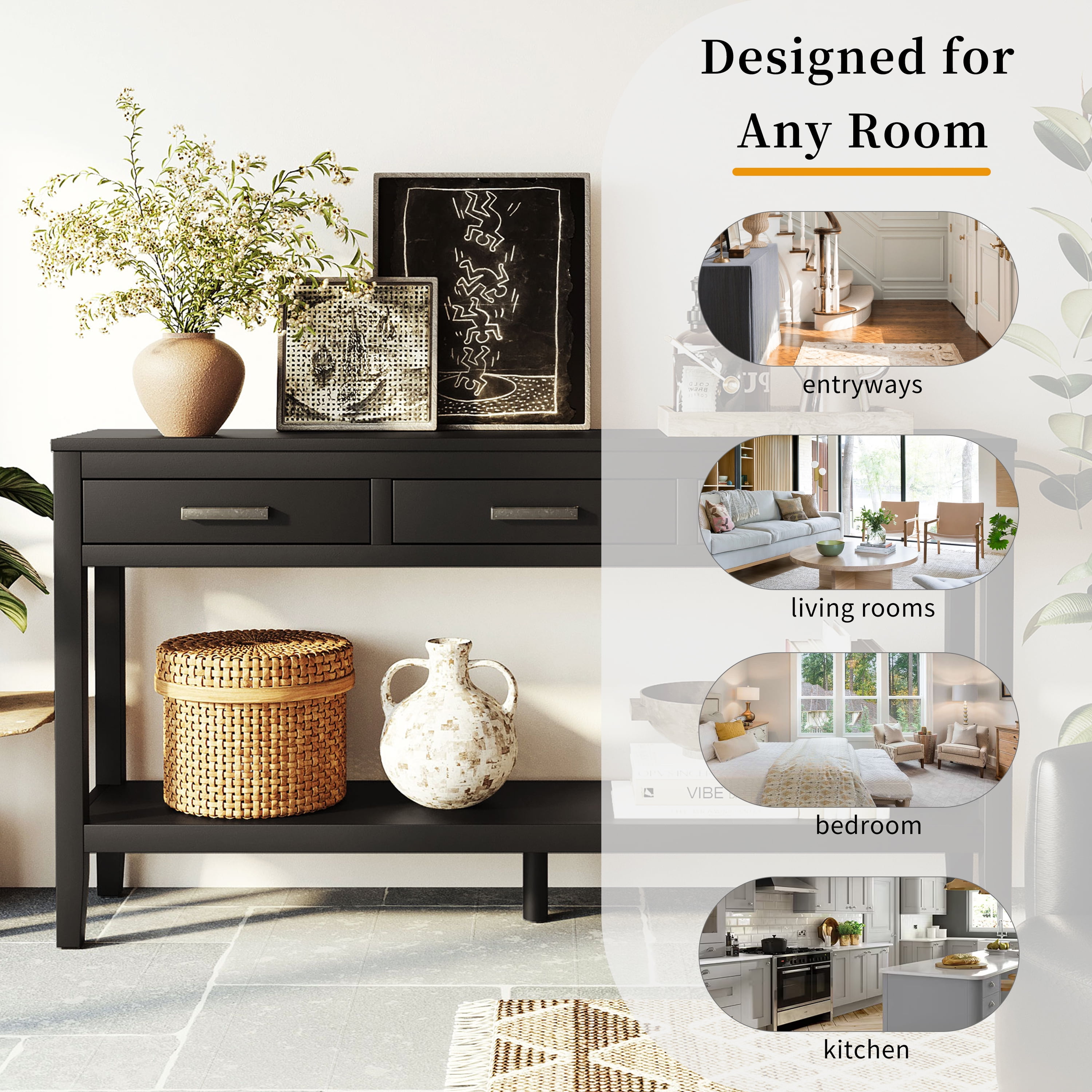 EUROCO 59.1" Longer Console Table, Narrow Wood Sofa Table with 3 Drawers and Open Storage Shelf,2 Tier Behind Couch Table Entryway Table for Living Room,Entryway,Hallway,Black