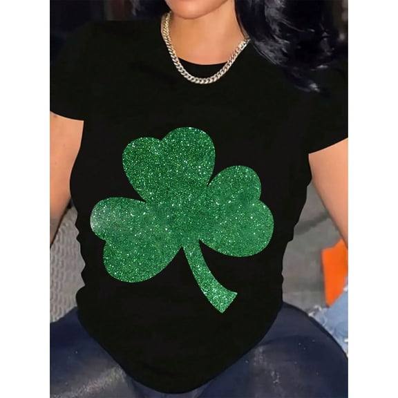 Green Glitter Shamrock St. Patrick's Day Women Short Sleeve Graphic T-Shirt