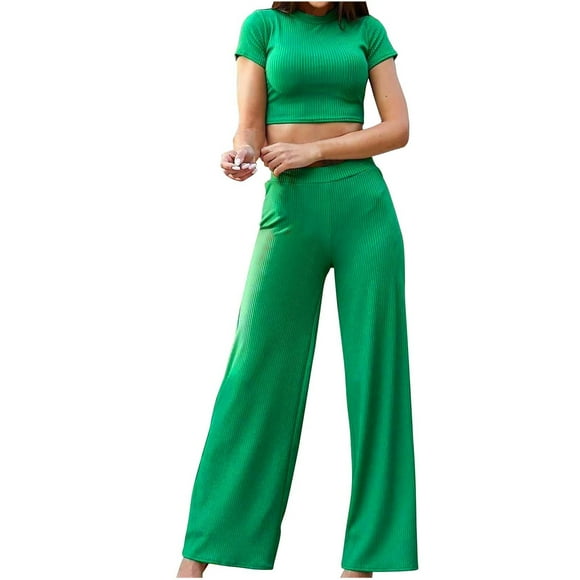 AherBiu Yoga Sets for Women Ribble Knit Crop Tops with High Waisted Wide Leg Pants 2 Piece Lounge Set